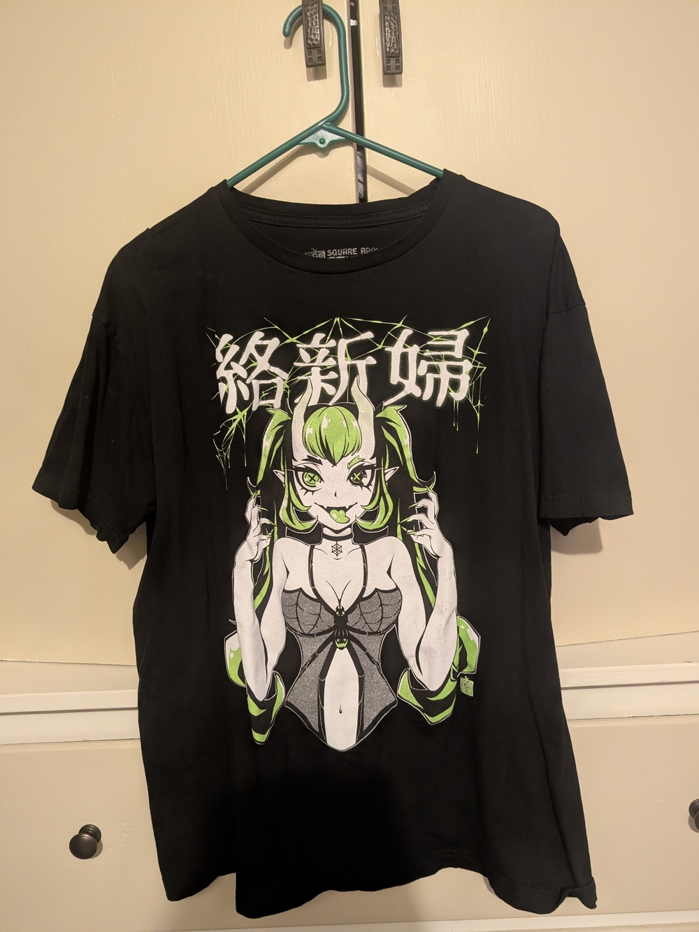 Hot Topic Black Tee with Neon Green Anime Graphic